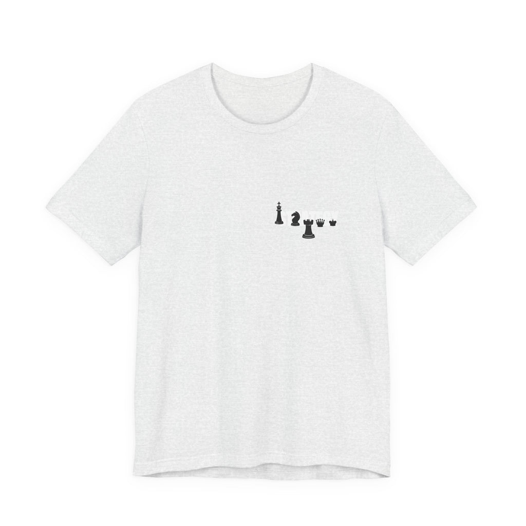 Chess Piece Minimalist Tee — Tiny King, Queen, Bishop Chest Design