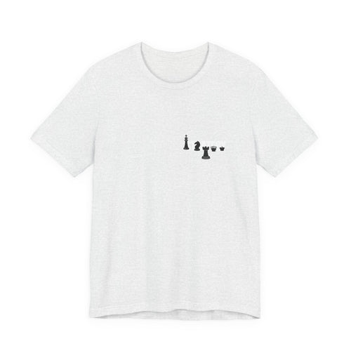 Chess Piece Minimalist Tee — Tiny King, Queen, Bishop Chest Design