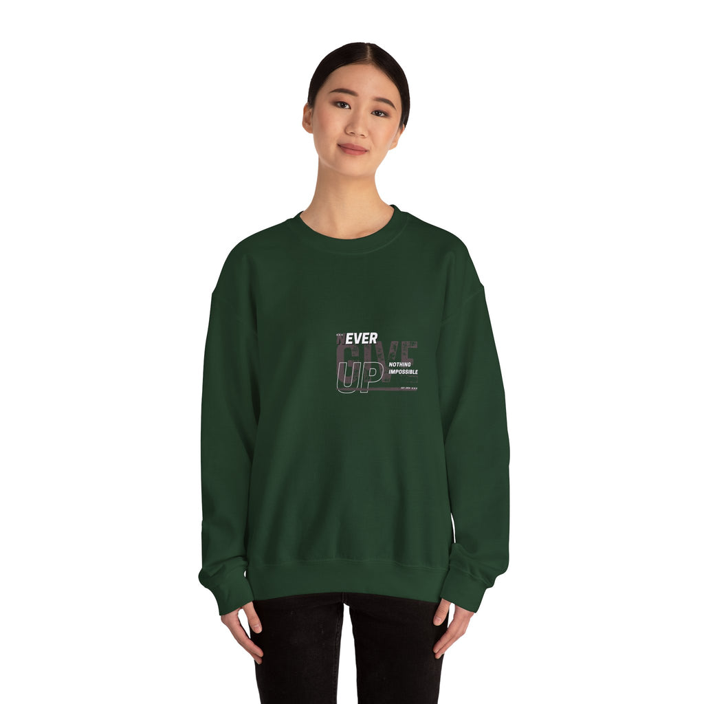 Never Give Crewneck Sweatshirt — Motivational White Pullover