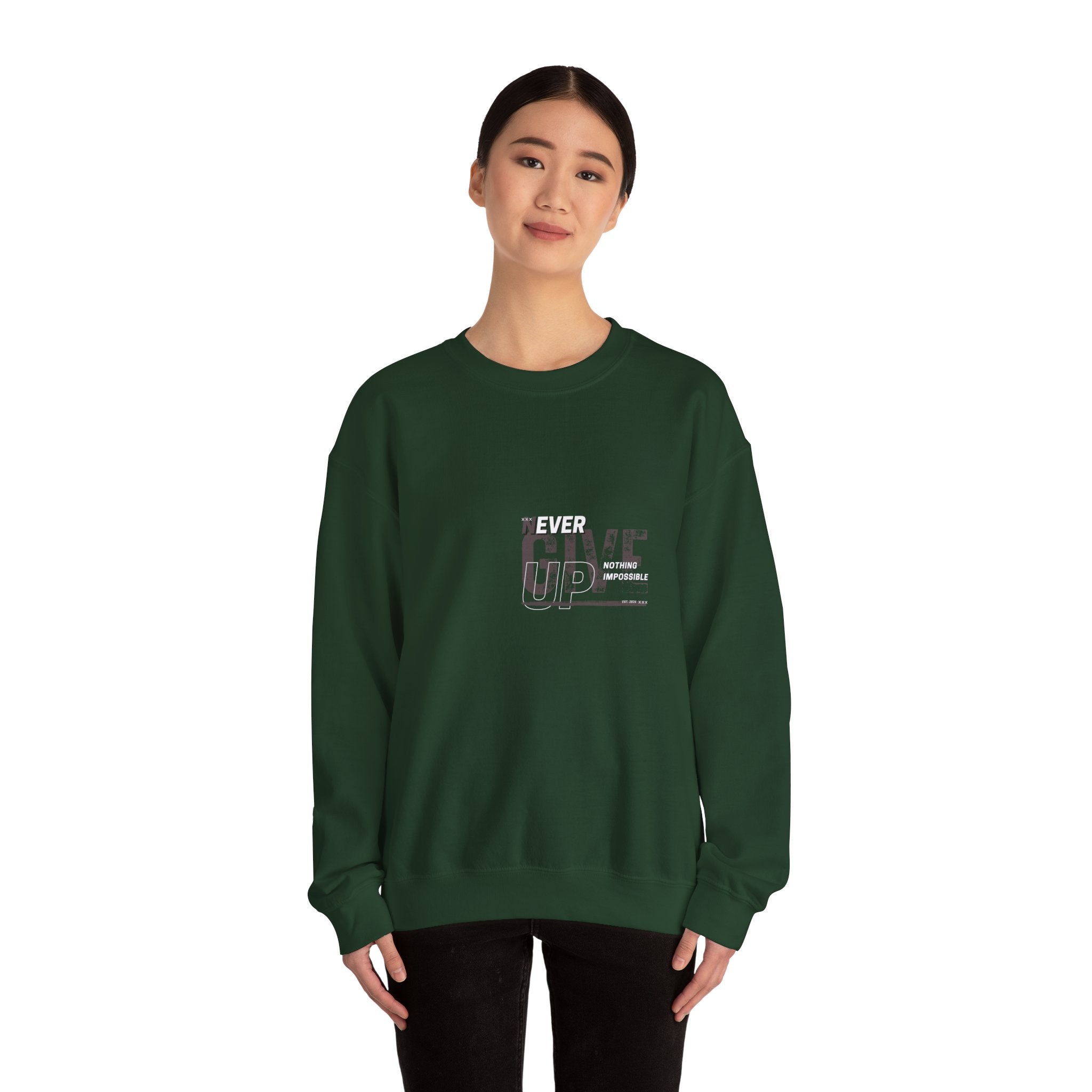 Never Give Crewneck Sweatshirt — Motivational White Pullover