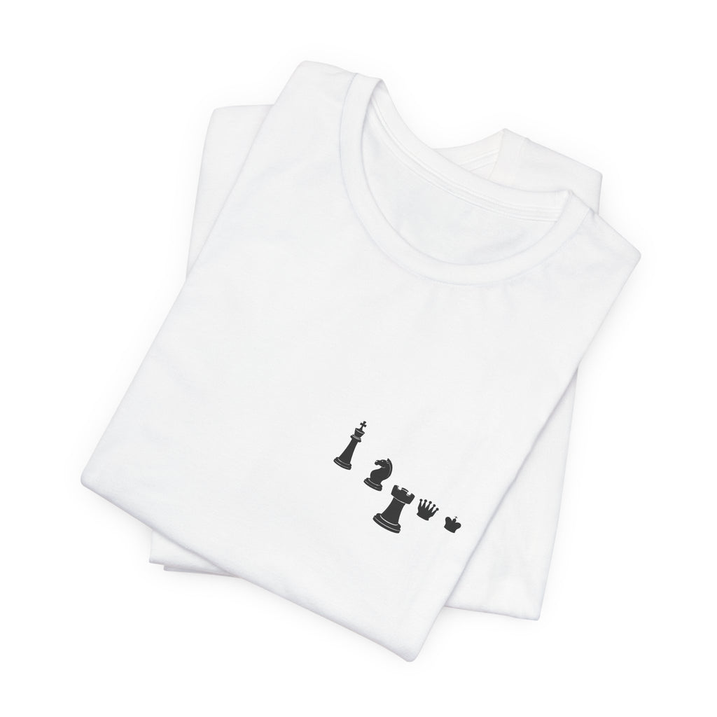 Chess Piece Minimalist Tee — Tiny King, Queen, Bishop Chest Design