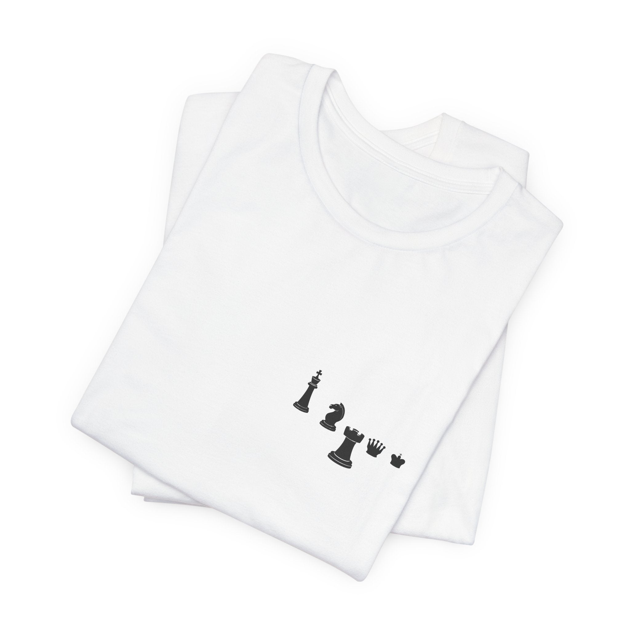 Chess Piece Minimalist Tee — Tiny King, Queen, Bishop Chest Design