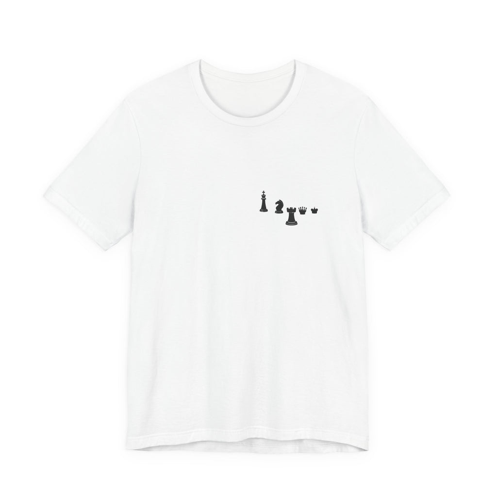 Chess Piece Minimalist Tee — Tiny King, Queen, Bishop Chest Design