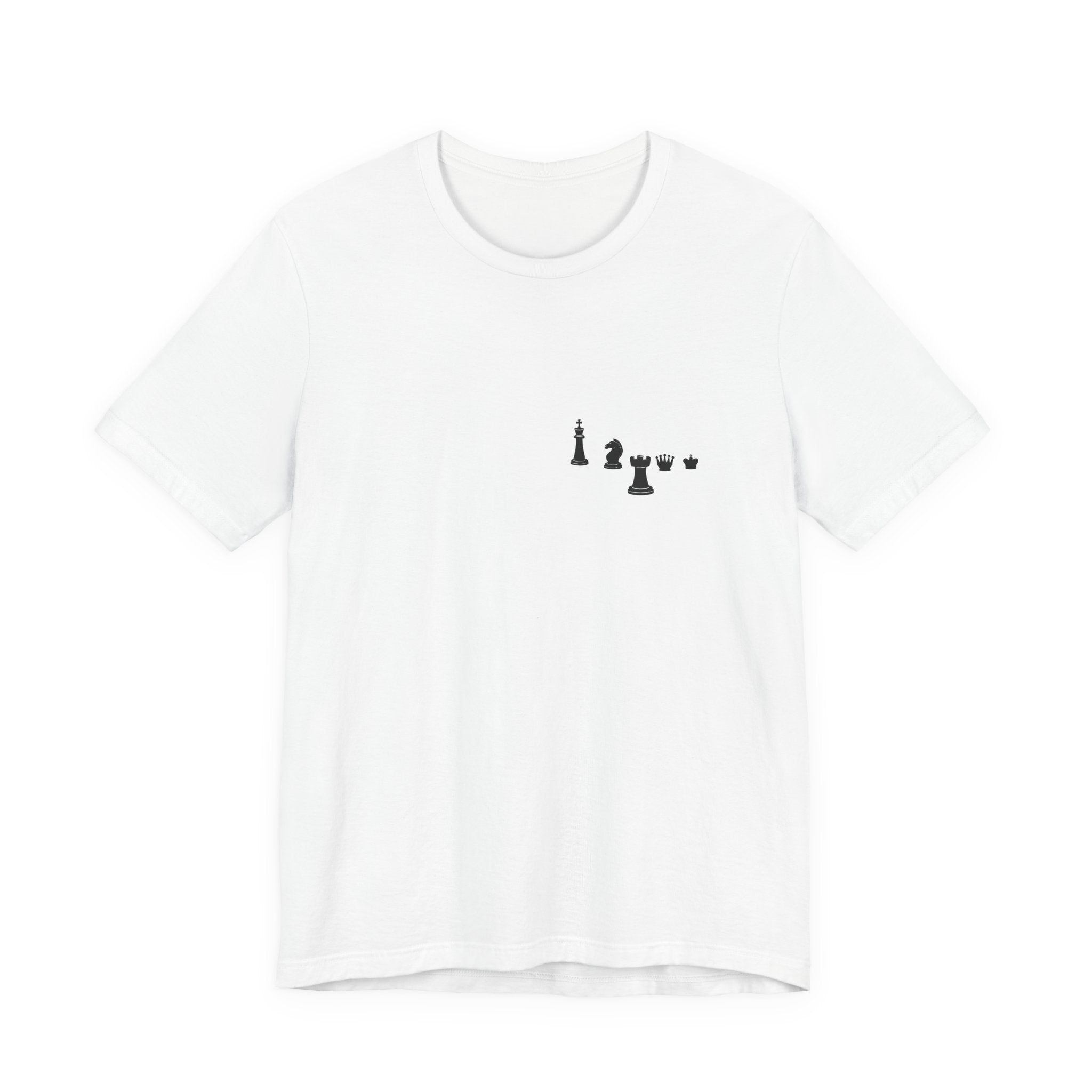 Chess Piece Minimalist Tee — Tiny King, Queen, Bishop Chest Design