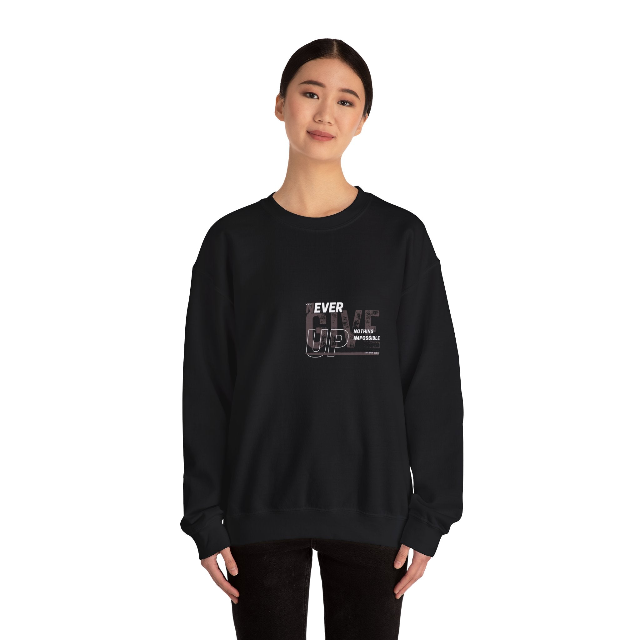 Never Give Crewneck Sweatshirt — Motivational White Pullover