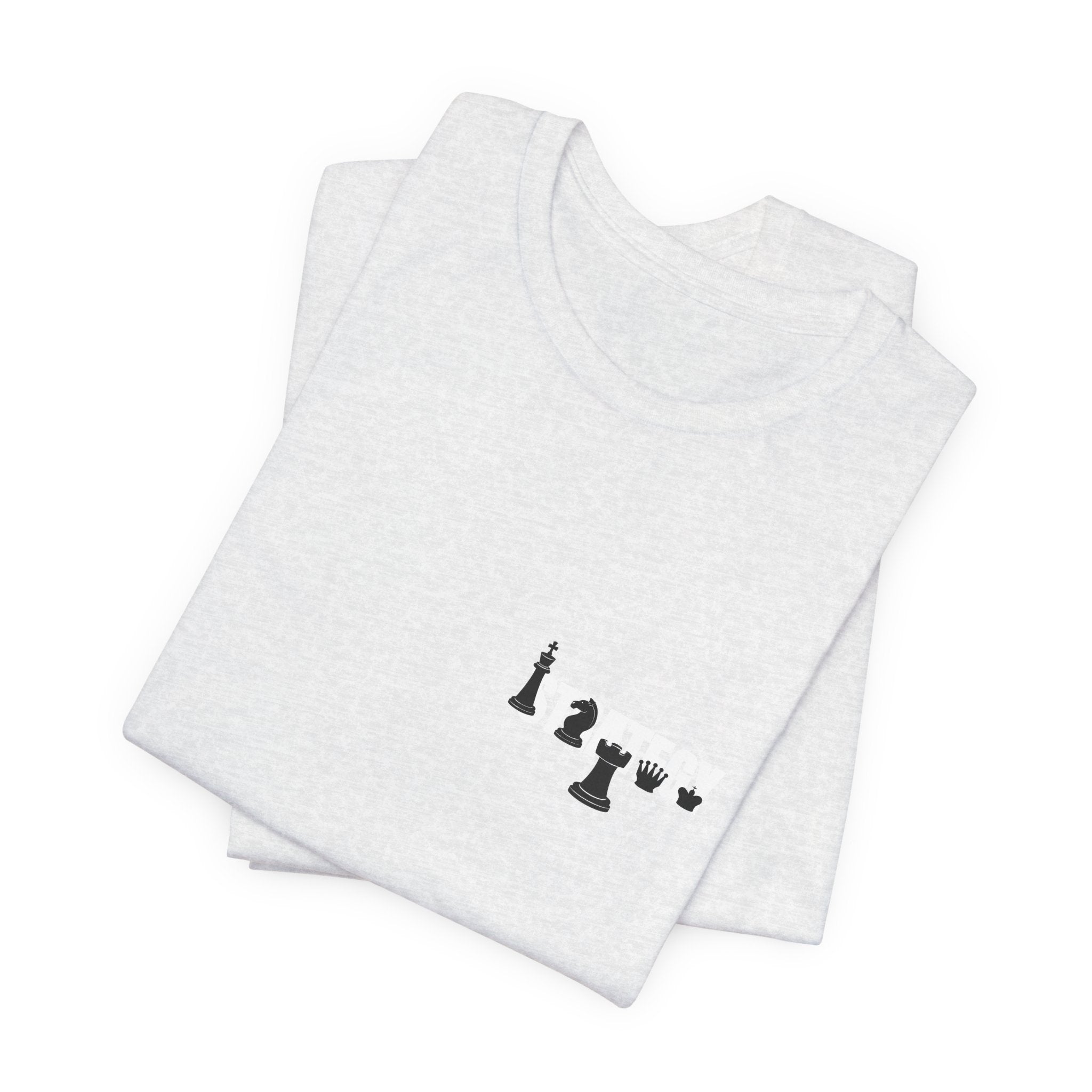 Chess Piece Minimalist Tee — Tiny King, Queen, Bishop Chest Design