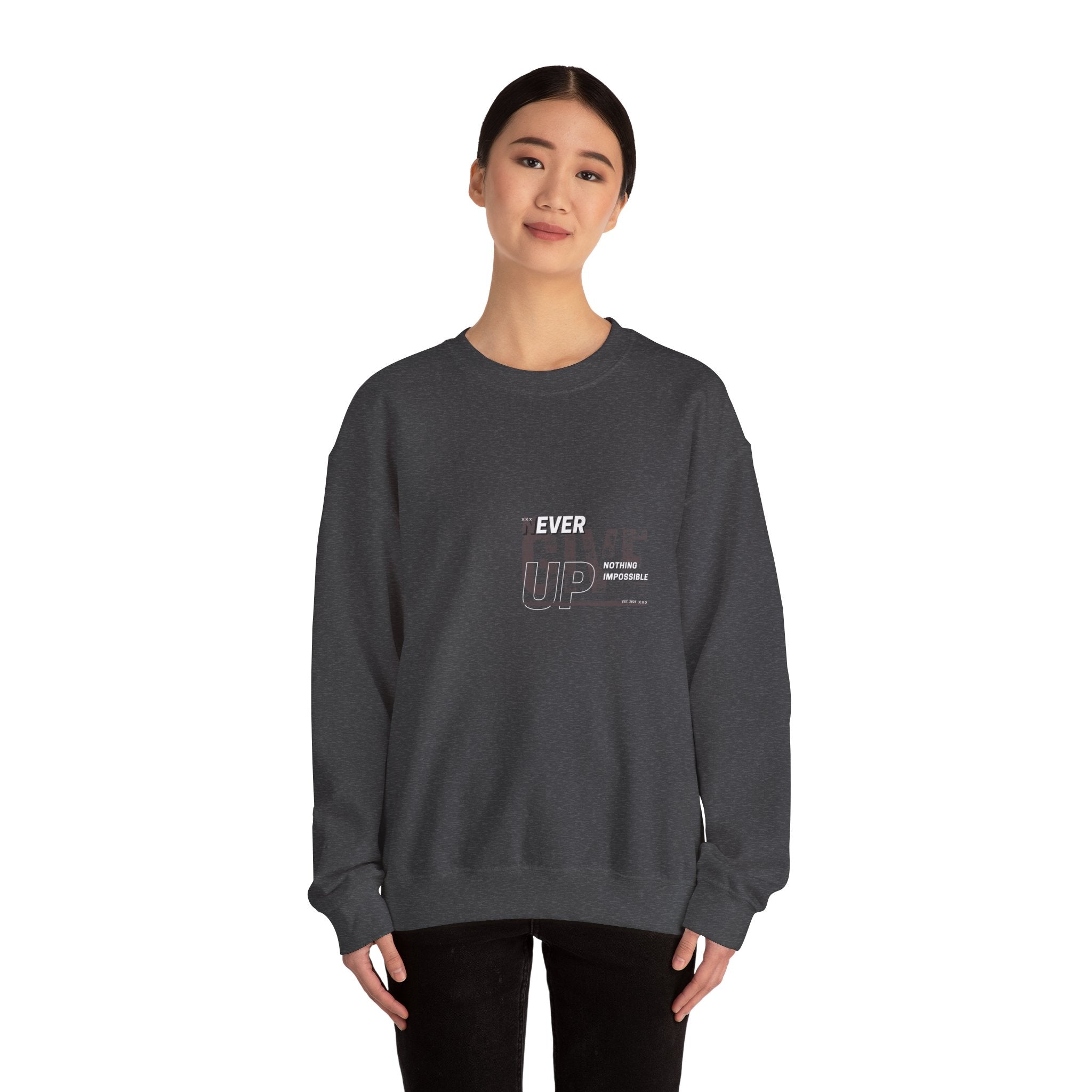 Never Give Crewneck Sweatshirt — Motivational White Pullover