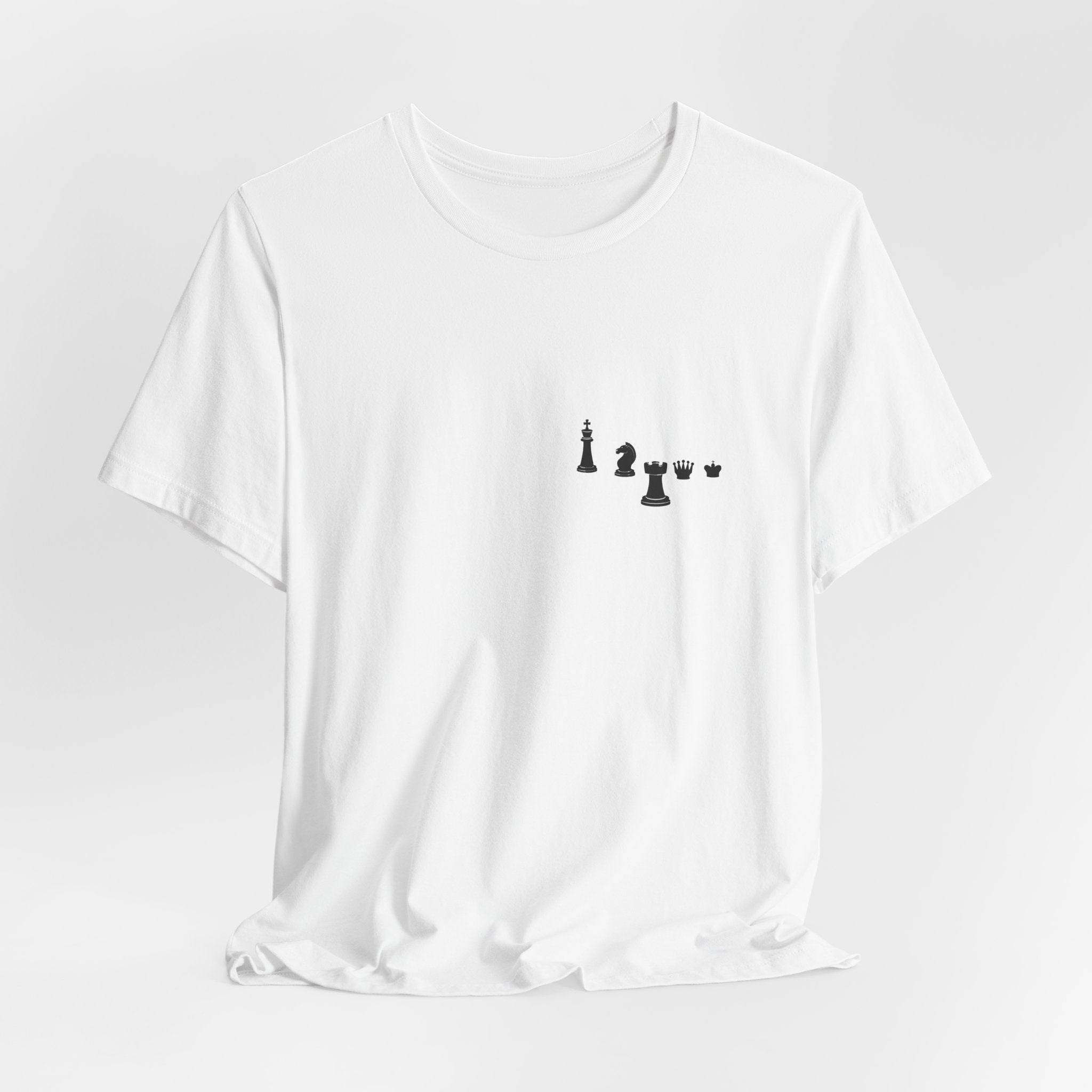 Chess Piece Minimalist Tee — Tiny King, Queen, Bishop Chest Design