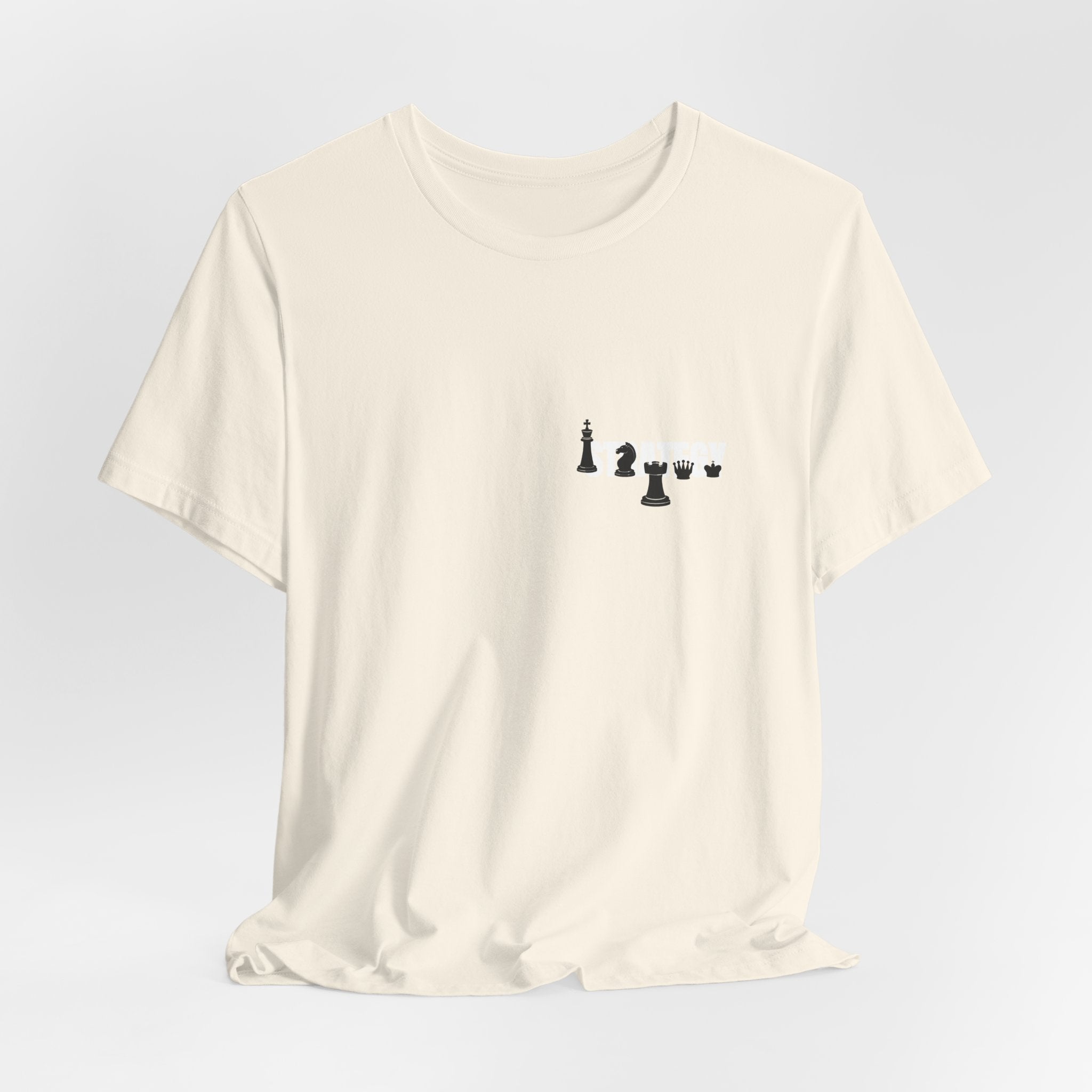 Chess Piece Minimalist Tee — Tiny King, Queen, Bishop Chest Design