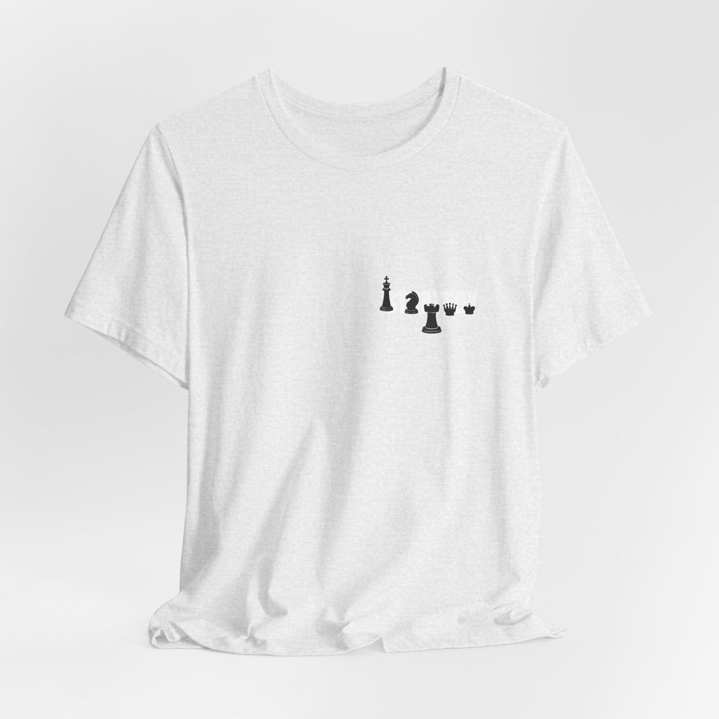 Chess Piece Minimalist Tee — Tiny King, Queen, Bishop Chest Design